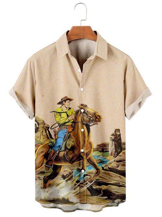 Men's Vintage Western Cowboy Casual Shirts Horse Pattern Wrinkle Free Shirts