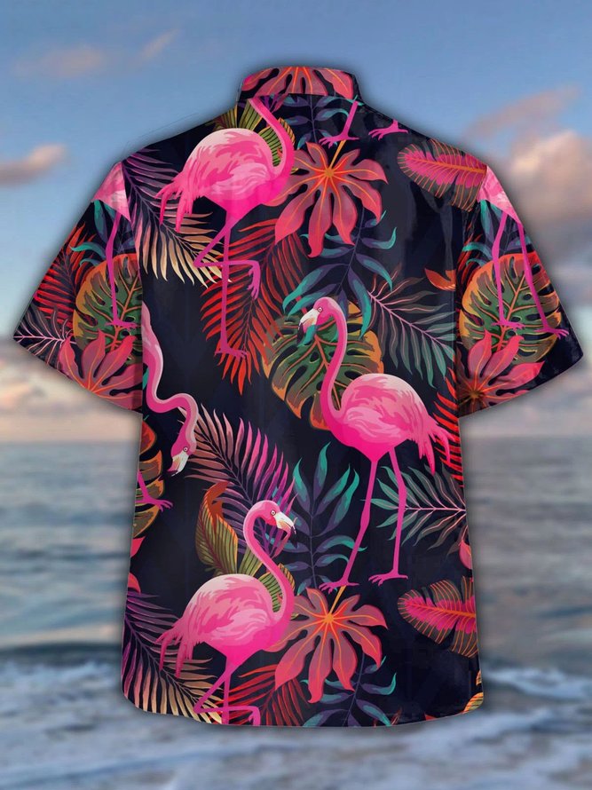 Royaura Men's Botanical Flamingo Print Casual Short Sleeve Hawaiian Shirt