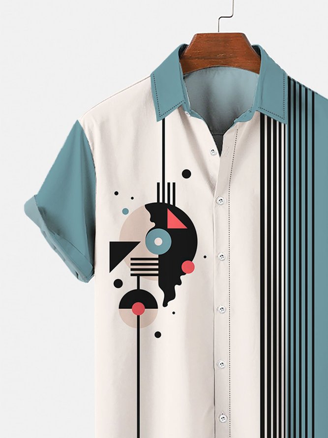 Men's Vintage Music Symbol Stripe Patchwork Print Short Sleeve Hawaiian Shirt