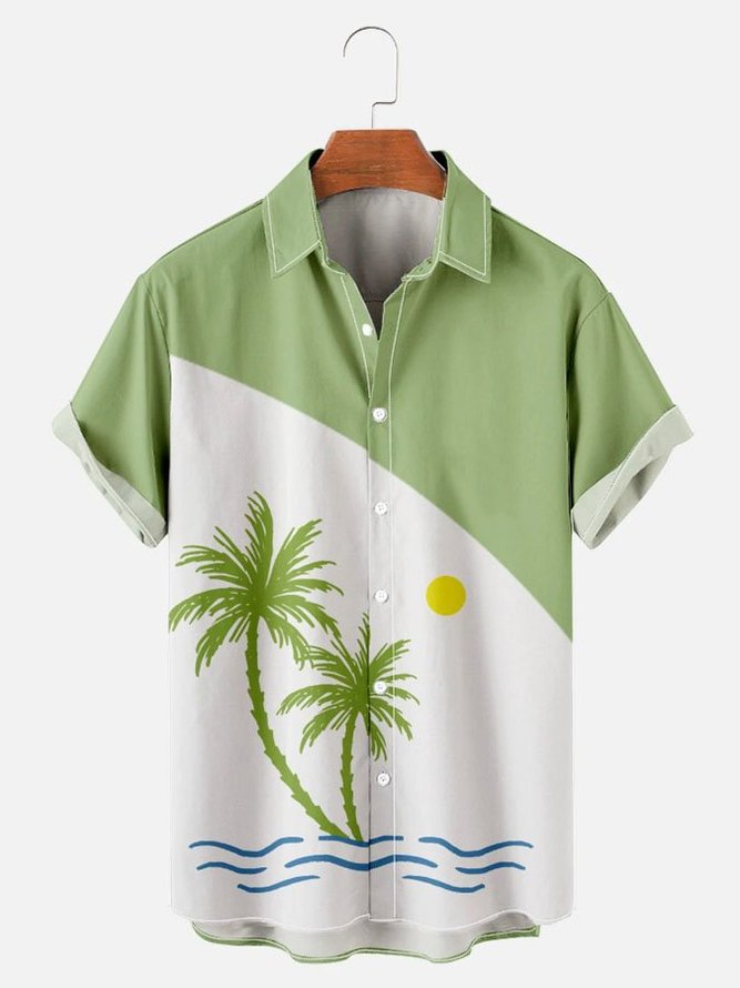 Men's Casual Holiday Coconut Tree Contrast Print Short Sleeve Hawaiian Shirt