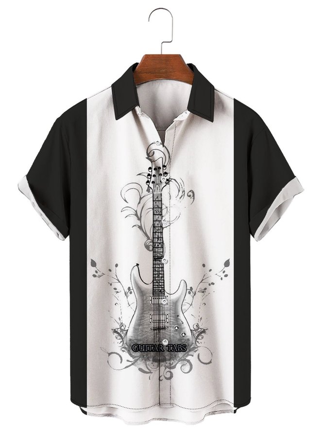 Men's Vintage Instrument Print Contrast Panel Short Sleeve Hawaiian Shirt