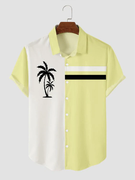 Men's Contrast Casual Striped Coconut Tree Everyday Short Sleeve Shirt