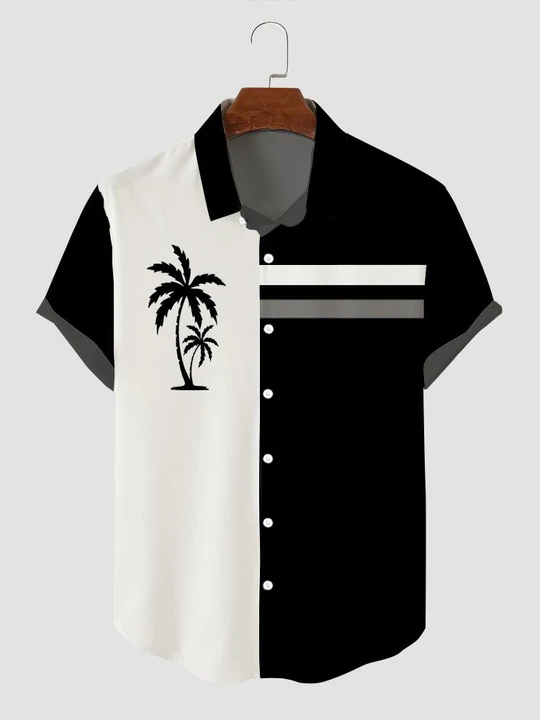 Men's Contrast Casual Striped Coconut Tree Everyday Short Sleeve Shirt