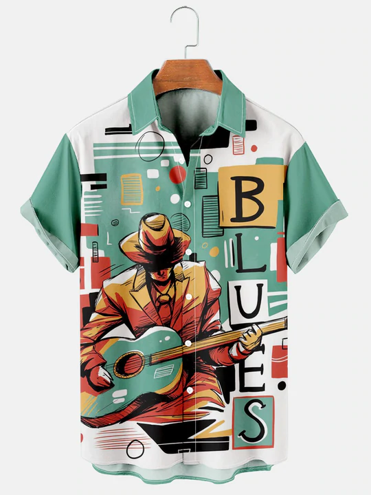 Men's Casual Simple BLUES Music Guitar Print Short Sleeve Hawaiian