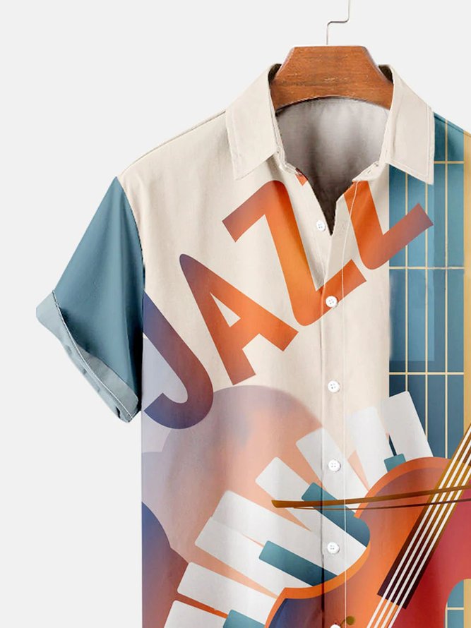 Men's Vintage Jazz Music Print Casual Short Sleeve Hawaiian Shirt