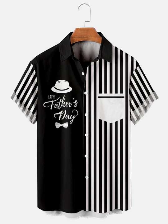 Men's Father's Day Striped Patchwork Print Vintage Short Sleeve Bowling Shirt