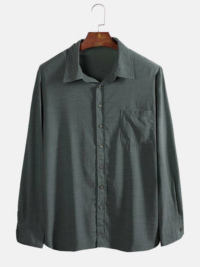 Green Linen Shirt Collar Plain Casual Shirts & Tops