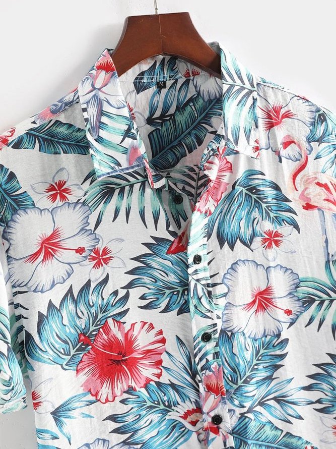 Men's Vintage Hibiscus And Flamingo Print Short Sleeve Shirt