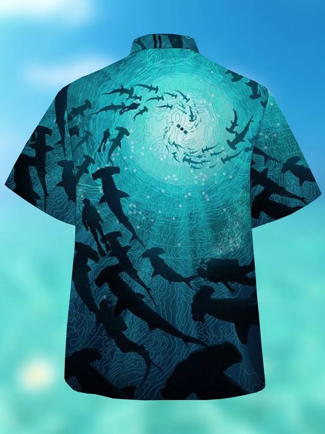Mens Ocean Creatures Shark Print Casual Breathable Short Sleeve Shirt