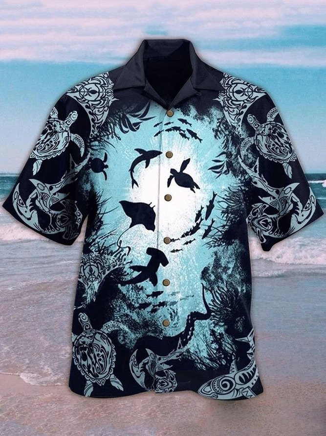 Mens Ocean Creatures Hawaiian Shirt Aquarium Colorful Cotton-Blend Shirts