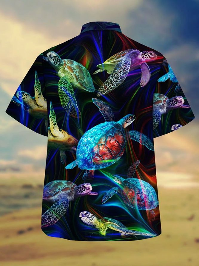 Men's Colorful Turtle Ocean Creatures Print Casual Breathable Hawaiian Short Sleeve Shirt