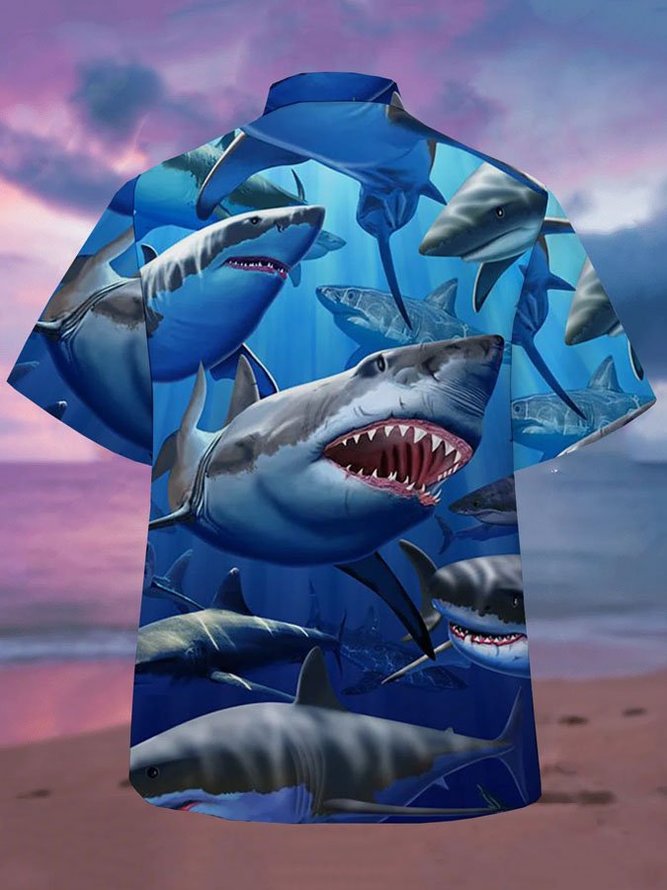 Mens Ocean White Sharks Print Casual Breathable Short Sleeve Aloha Shirt