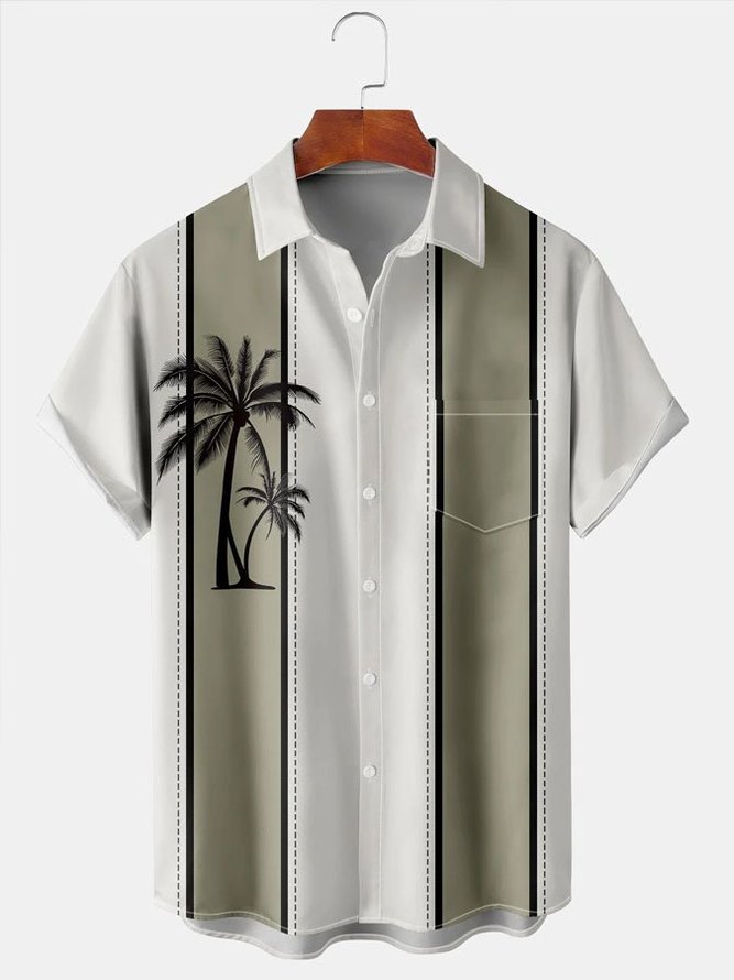 Mens Retro Coconut Tree Print Lapel Short Sleeve Bowling Shirts