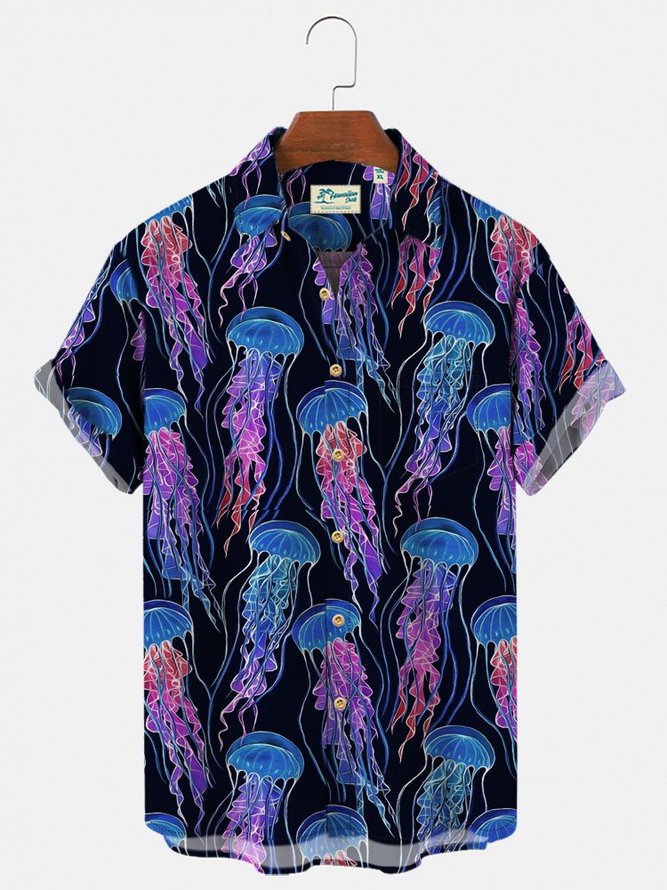 Men's Holiday Beach Casual Hawaiian Shirts Ocean Fun Jellyfish Wrinkle Free Tops