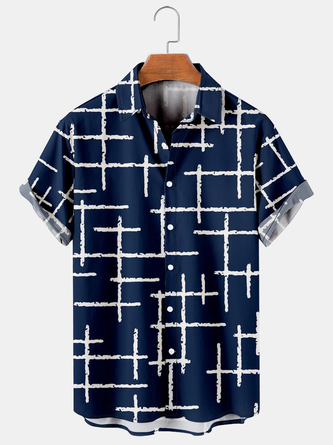 Mens Navyblue Casual Geometric  Short Sleeve Shirts