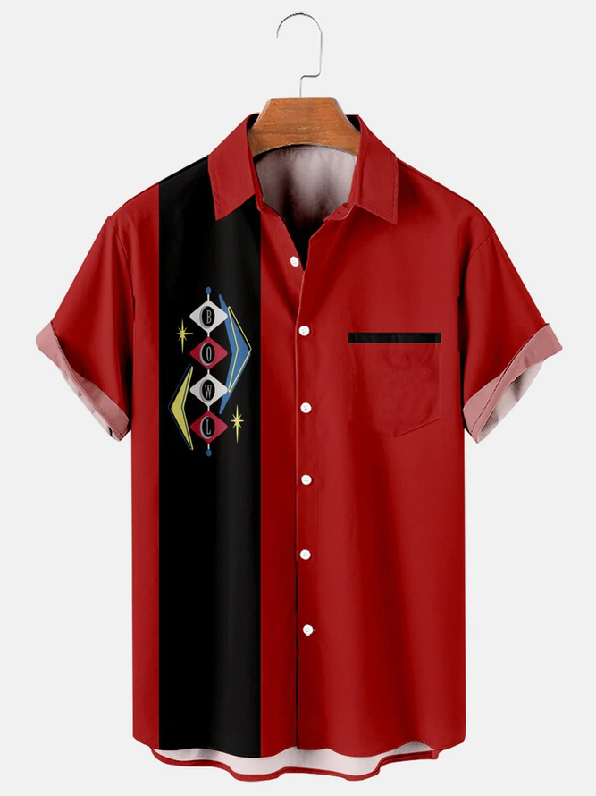 Men's Casual Loose Vintage Geometric Print Bowling Short Sleeve Shirt