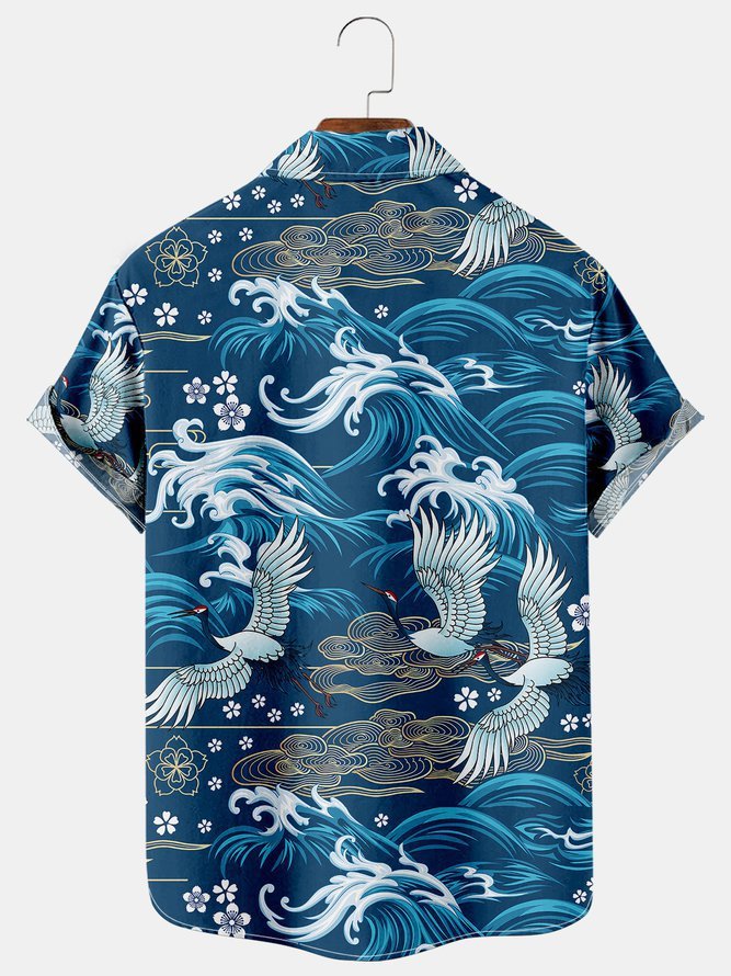 Men's Vintage Casual Shirts Japanese Wave Totem Crane Wrinkle Free Tops