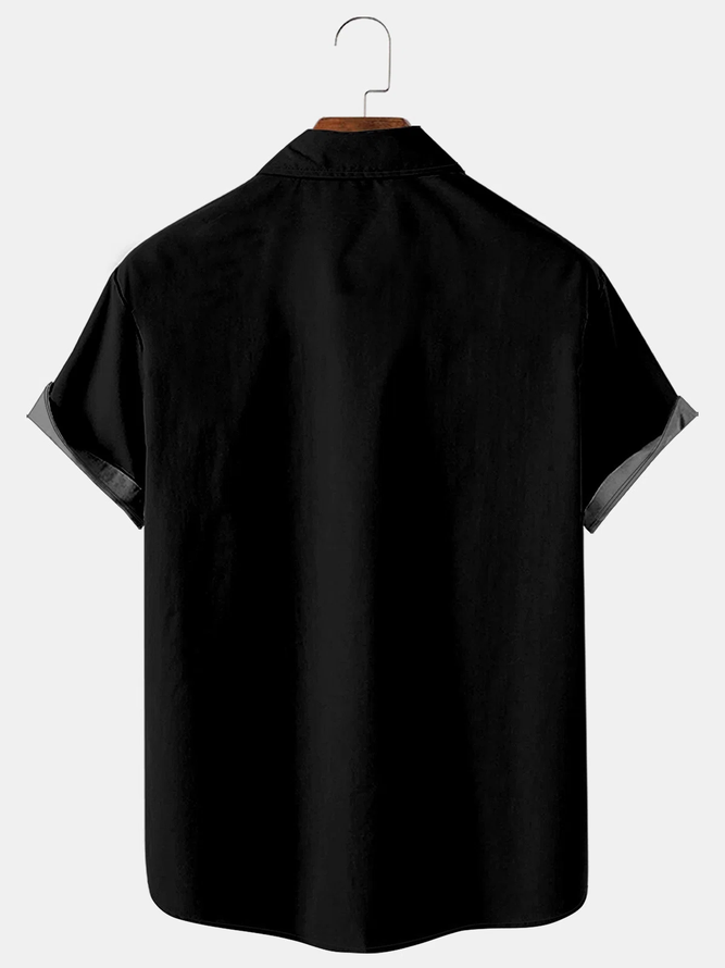 Mens Vintage Bowling Black Cotton-Blend Short Sleeve Shirts