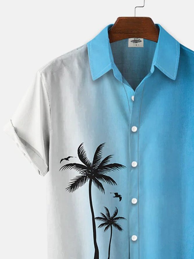 Men'S Gradient Coconut Tree Print Hawaiian Lapel Short Sleeve Shirts