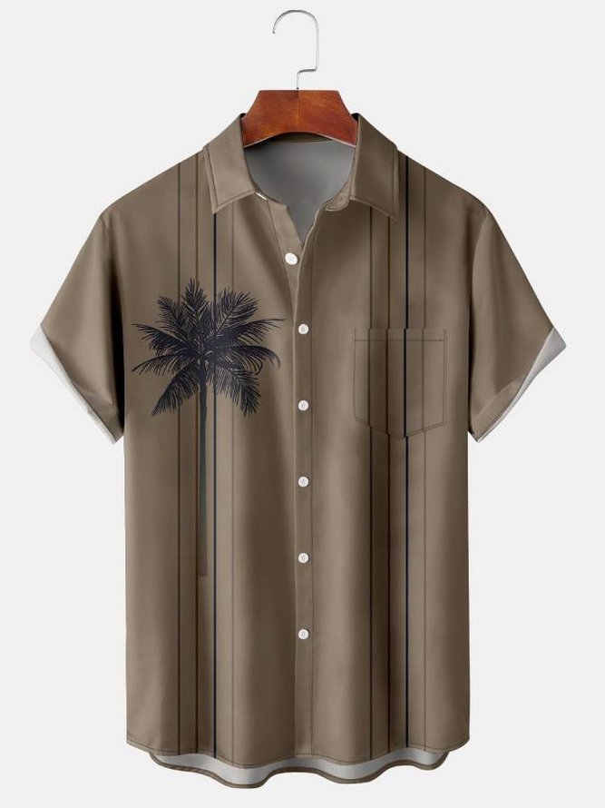 Mens Coconut Tree Print Lapel Loose Chest Pocket Short Sleeve Funky Bowling Shirts