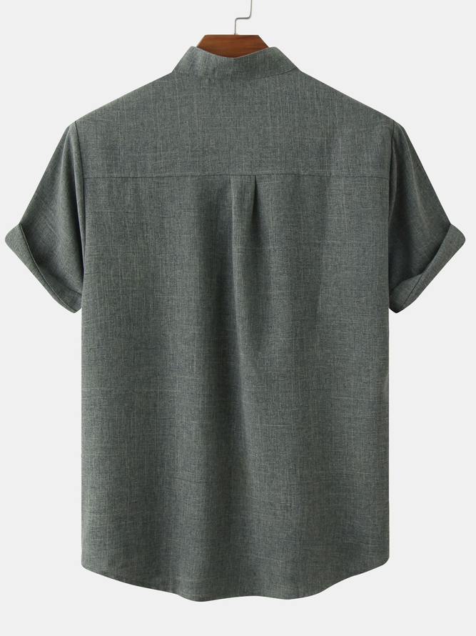 Men's Casual Cotton Linen Stand Collar Short Sleeve Shirt