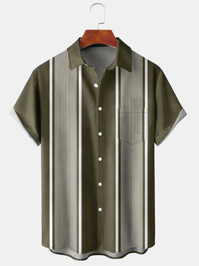 Mens Navyblue Striped Cotton-Blend Casual Short Sleeve Shirts