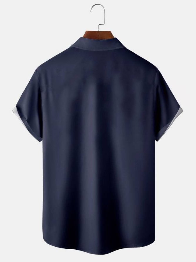 Mens Retro Striped Print Lapel Loose Chest Pocket Short Sleeve Classic Bowling Shirts