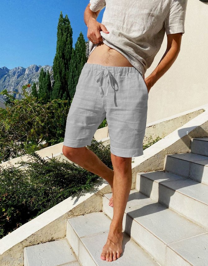Men's Solid Color Lace Up Cotton Linen Casual Shorts