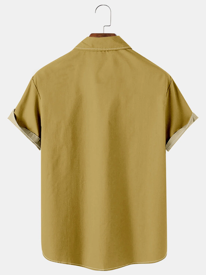 Mens Retro Classic Striped Print Lapel Chest Pocket Short Sleeve Bowling Shirts