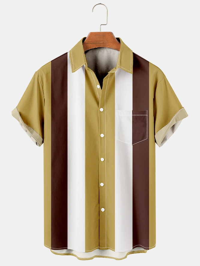 Mens Retro Classic Striped Print Lapel Chest Pocket Short Sleeve Bowling Shirts