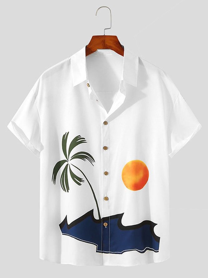 Men's Hawaiian Beach Coconut Tree Print Short Sleeve Shirt