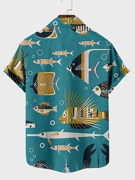 Mens Peacock Cotton-Blend Cartoon Fish Casual Series Shirts