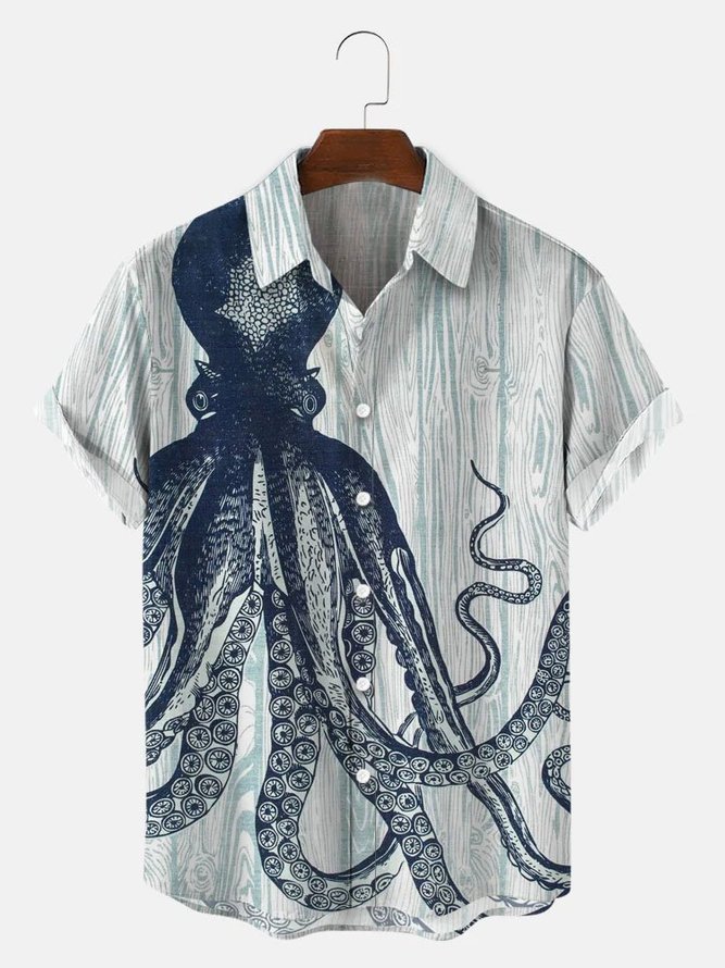 Men's Ocean Creatures Octopus Print Short Sleeve Hawaiian Shirt