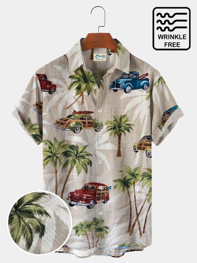 Men's Holiday Casual Aloha Shirts Retro Car Beach Palm Tree Anti-Wrinkle Tropical Shirts