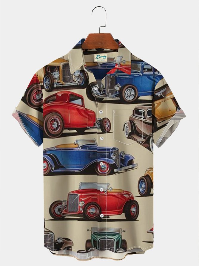 Men's Vintage Casual Hawaiian Shirts Old Ford Art Wrinkle Free Plus Size Tops