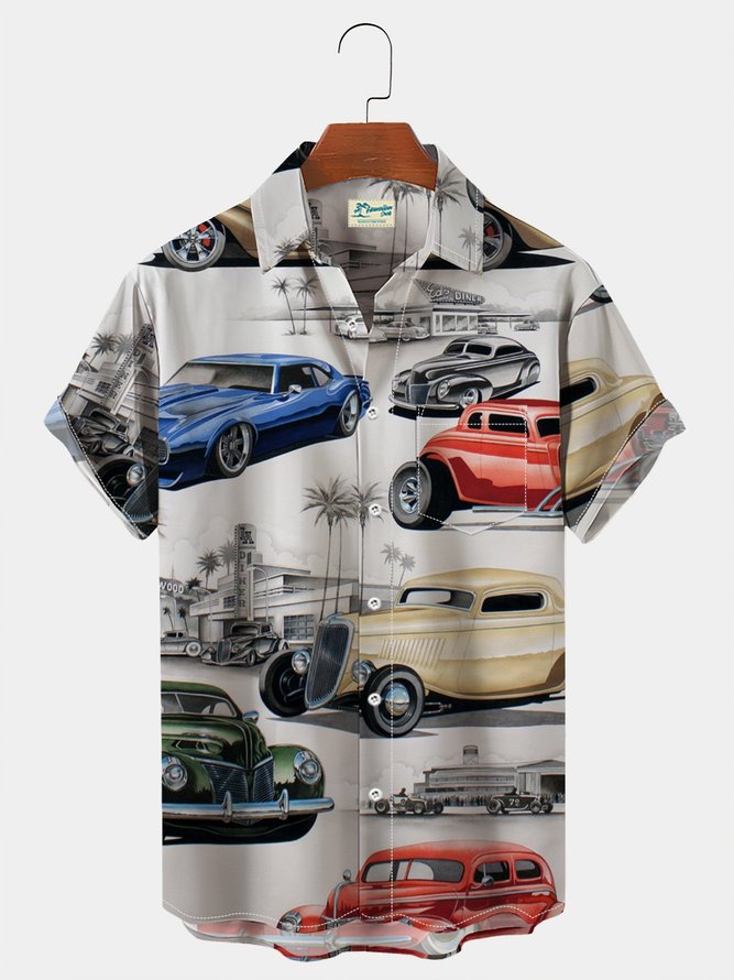 Men's Vintage Casual Shirts Palms Old Ford Car Wrinkle Free Plus Size Tops