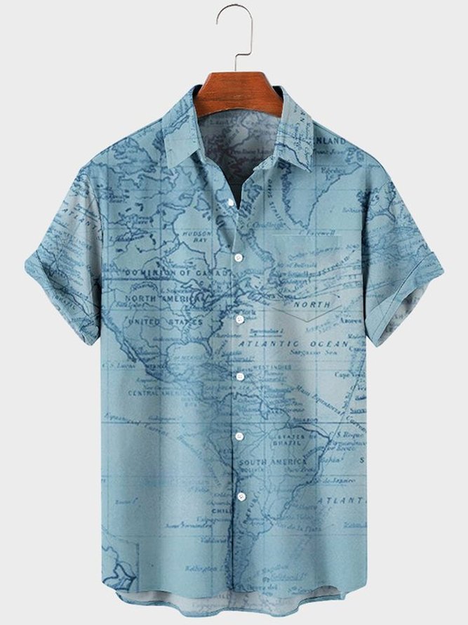 Men's Blue World Map Cotton-Blend Casual Short Sleeve Shirts & Tops