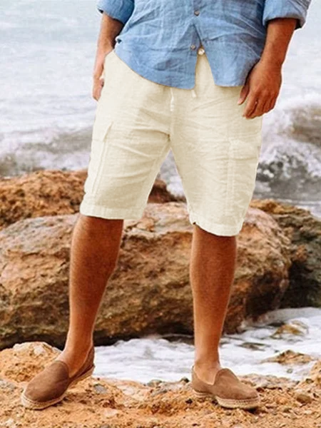 Men's Leisure Holiday Solid Color Natural Fiber Multi-Pocket Beach Cargo Shorts