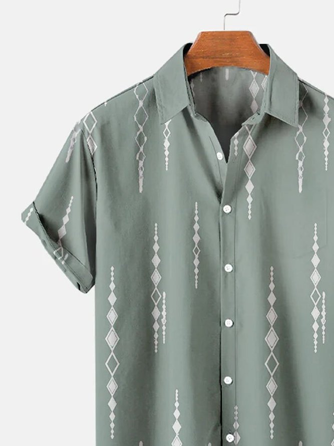 Men's Vintage Geometric Print Seersucker Wrinkle-Free Casual Short Sleeve Shirt