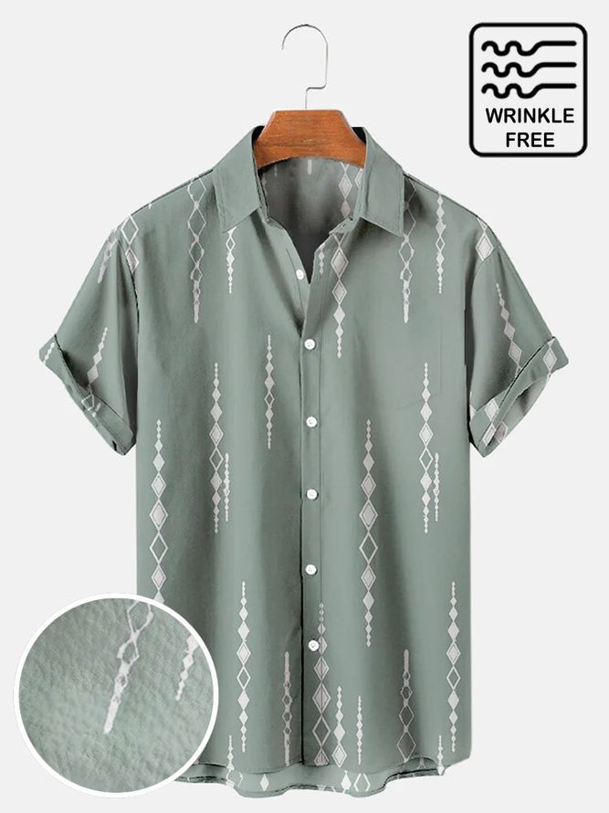 Men's Vintage Geometric Print Seersucker Wrinkle-Free Casual Short Sleeve Shirt