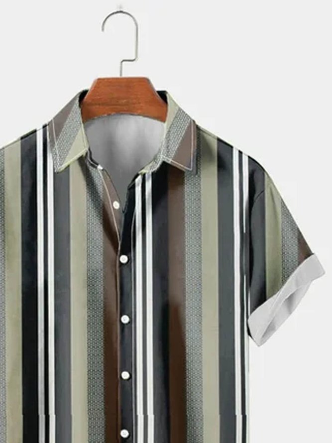 Green Striped Cotton-Blend Basic Series Color-Block Shirts & Tops