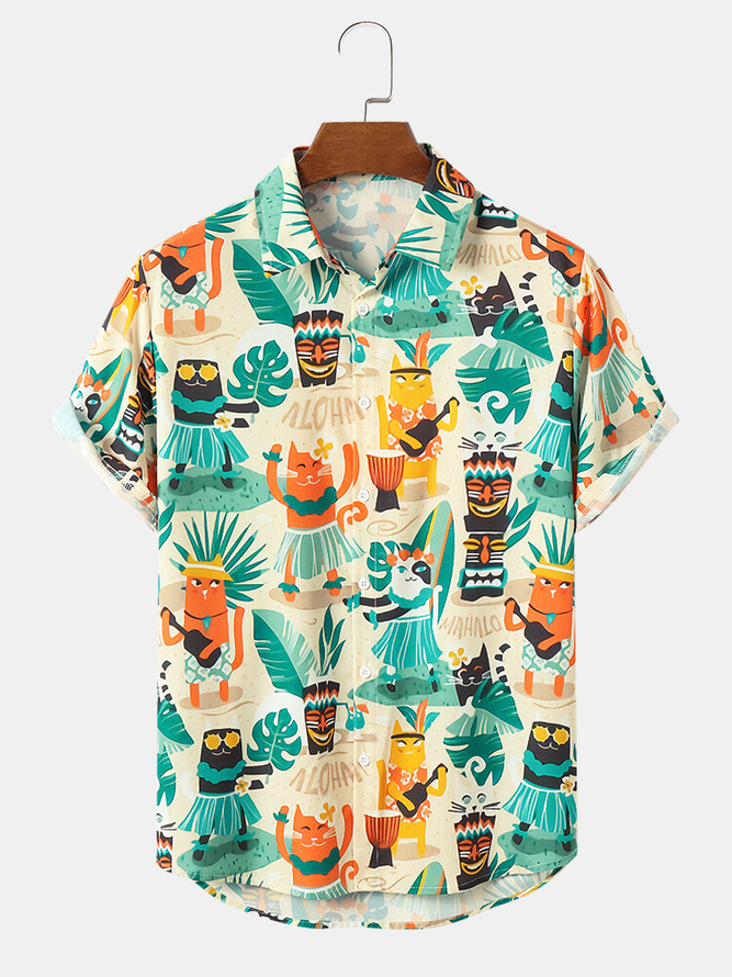 Mens Tropical Cartoon Animal Tiki Print Seersucker Wrinkle Free Short Sleeve Shirts