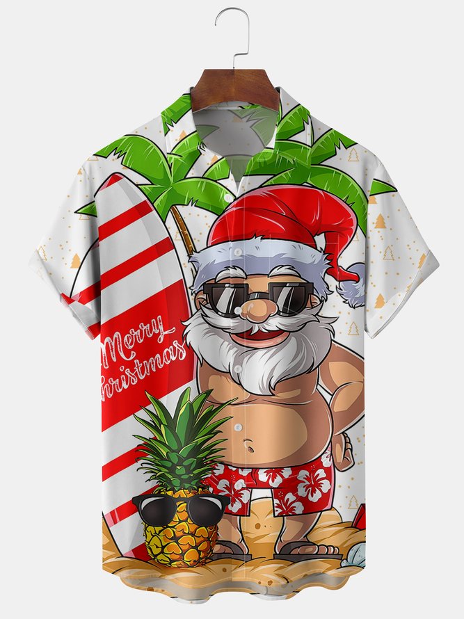 Mens Christmas Santa Surfing Print Front Buttons Soft Breathable Chest Pocket Casual Hawaiian Shirts