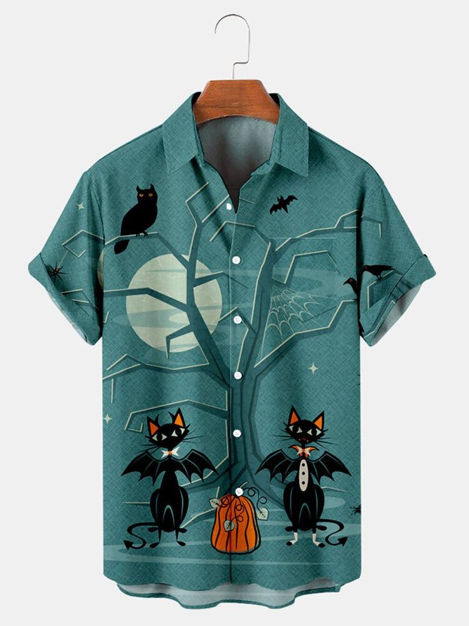 Men's Cat Halloween Graphic Print Short Sleeve Shirt