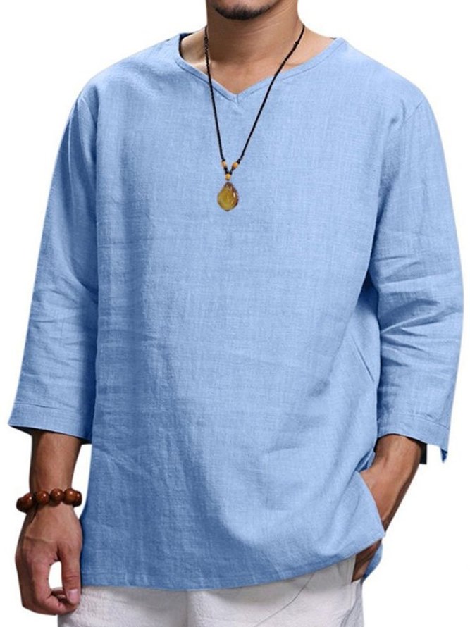 Men's Long Sleeve V-Neck Cotton Linen Loose Shirt