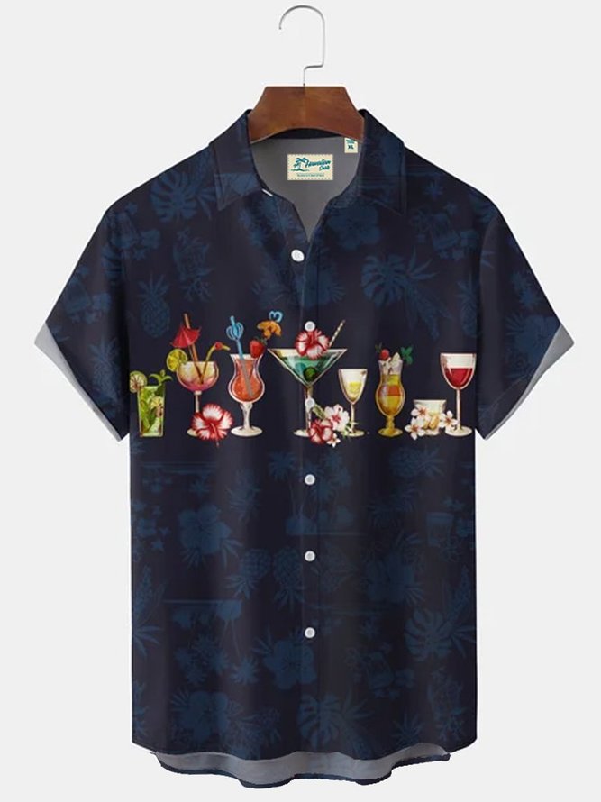 Men's Lapel Resort Wine Glass Breathable Beach Hawaiian Short Sleeve Shirt