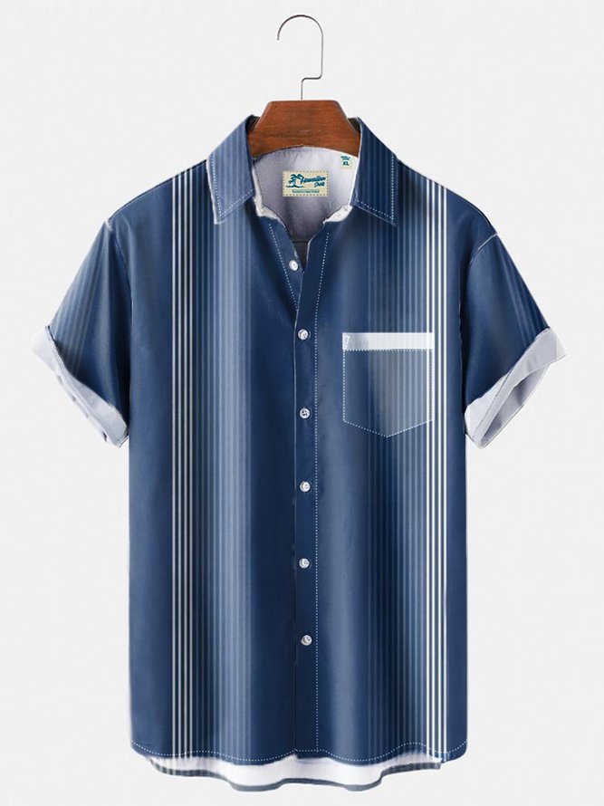 Deep Blue Cotton-Blend Printed Striped Basic Series Shirts & Tops