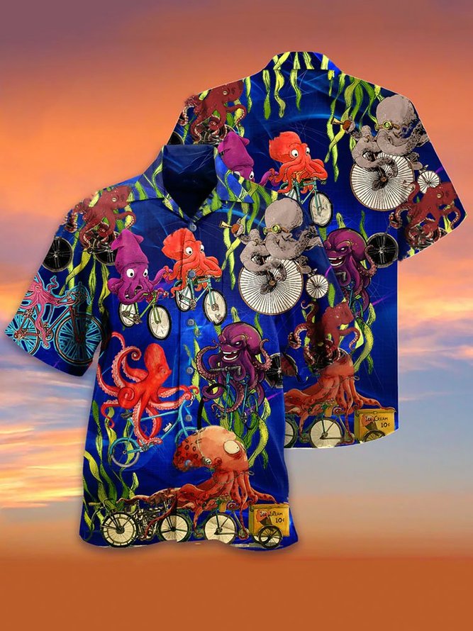 Men's Ocean CreaturesOctopus Print Short Sleeve Hawaiian Shirt