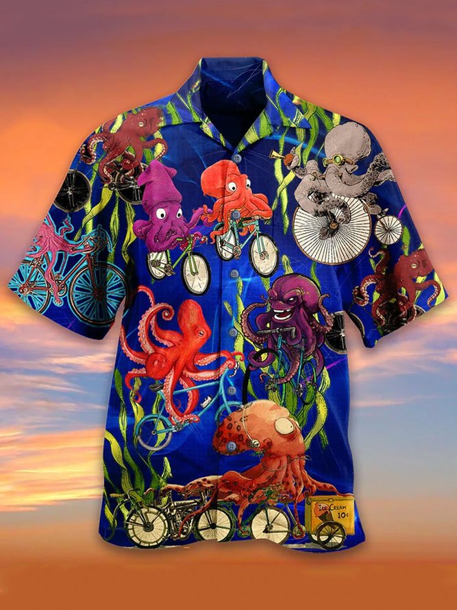 Men's Ocean CreaturesOctopus Print Short Sleeve Hawaiian Shirt