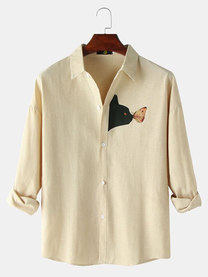 Men's Seersucker Wrinkle Free Black Cat Print Lapel Casual Long Sleeve Shirt